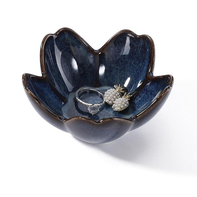 YZMICSTAR Flower Ring Dish Holder,Jewelry Dish Tray,Small Trinket Tray,Jewelry Plate Bowl,Key Bowl,Decorative Plate,Birtdhay Christmas Gifts for Women Friends,Ceramic Kiln effect Blue