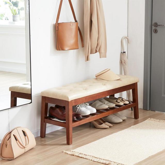 MILCIL Upholstered Shoe Bench Entryway Bench for Bedroom, End of Bed, Ottoman Bench Tufted Padded Seat with Solid Wood Shelf for Living Room, Faux Leather Ivory