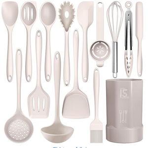 AOTHOD Silicone Cooking Utensils Set - 446°F Heat Resistant Kitchen Utensils,Turner Tongs,Spatula,Spoon,Brush,Whisk,Kitchen Utensil Gadgets Tools Set for Nonstick Cookware,Dishwasher Safe (BPA Free) | Khaki