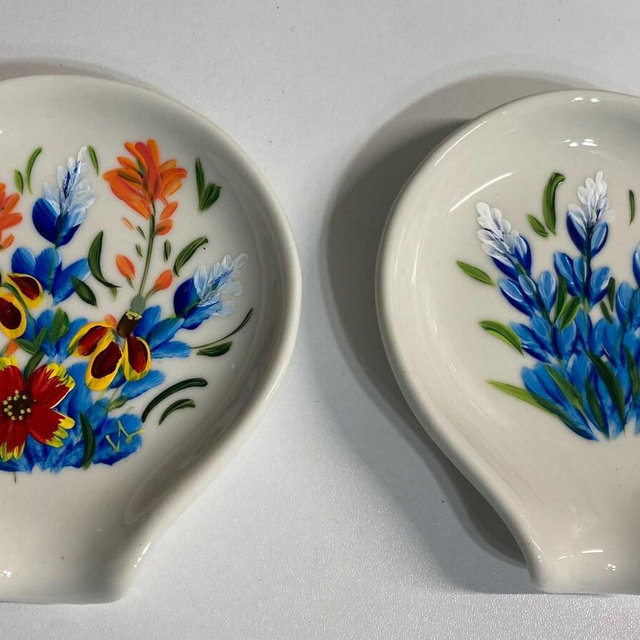 White Glazed Ceramic Spoon Rest with hand painted Texas Bluebonnets or Bluebonnets with Wildflowers.