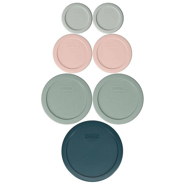Pyrex (2) 7202-PC 1 Cup White Mint, (2) 7200-PC 2 Cup Rosewater Pink, (2) 7201-PC 4 Cup Tranquil Green, (1) 7402-PC 6/7 Cup Tarragon Green Food Storage Replacement Lids – Made in the USA
