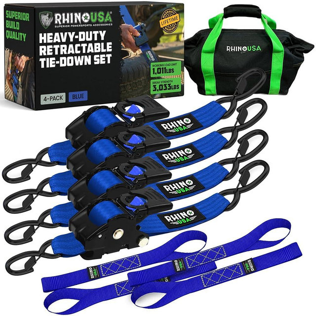 Rhino USA Retractable Ratchet Straps (4-Pack) - 2 Inch x 10 Feet (3,033lb Break Strength) - Heavy Duty Auto Self Retracting Tie Down Straps for Truck, Cargo Trailer, Motorcycle, Rad & More - Blue
