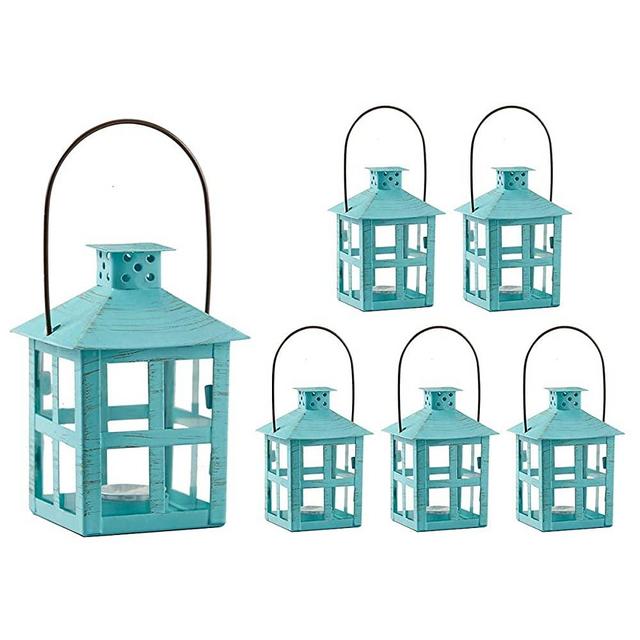Kate Aspen Mini Decorative Lantern - 6PCS - Vintage Metal Tealight Candle Lanterns, Centerpiece for Wedding Table, Accent Piece & Party Favor, Turquoise