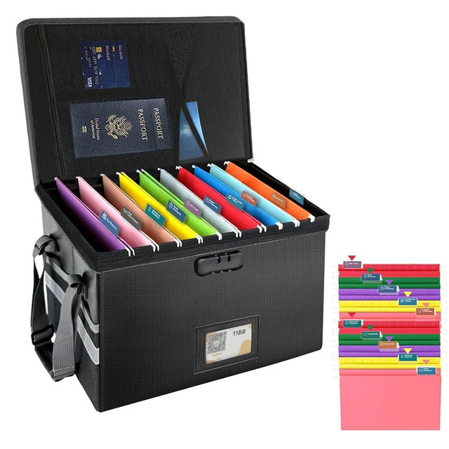 Large Next of Kin Box Organizer with Smart Labels, Fireproof Foldable File Organizer with Combination Lock, 10 Hanging Files and 20 Category Labels for Label Documents(15.7"L×12.2"W×10.6"H)