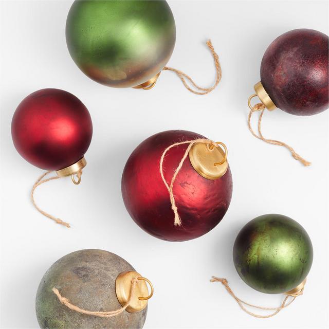 Textured Red and Green Glass Ball Christmas Ornaments, Set of 6