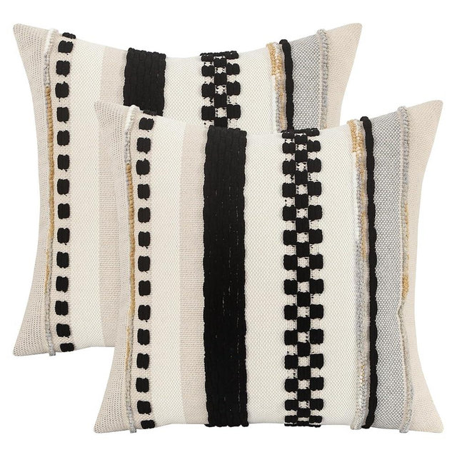 Tosleo Boho Throw Pillow Covers 18x18 Inch Set of 2 Black Striped Chenille Pillowcases Square Decorative Cushion Covers for Sofa Couch Bed Living Room Farmhouse Decor