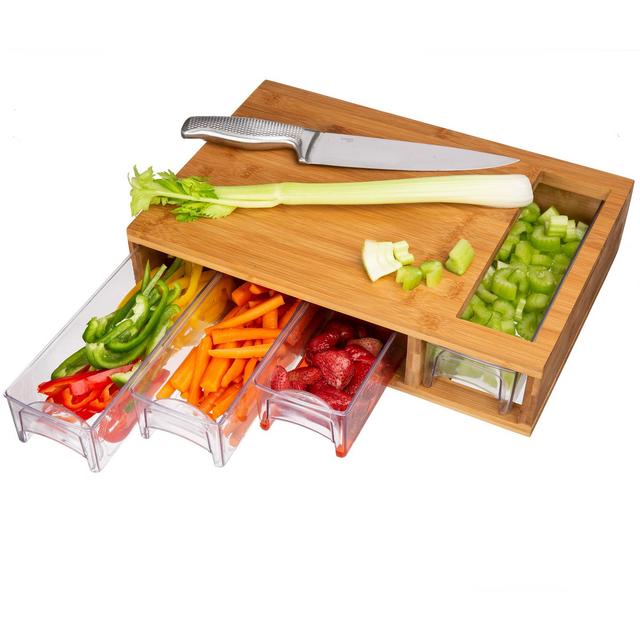 Large Bamboo Cutting Board with Trays/Draws - Wood Butcher Block with 4 Drawers & Opening For Meat, Fruits, Veggies, Bread, Cheese – Naturally Antimicrobial – Make Meal Prep Easy