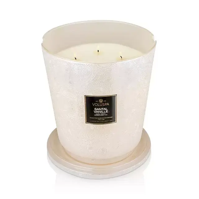 Santal Vanille Hearth Embossed Glass 5-Wick Glass Candle with Lid 123 oz.