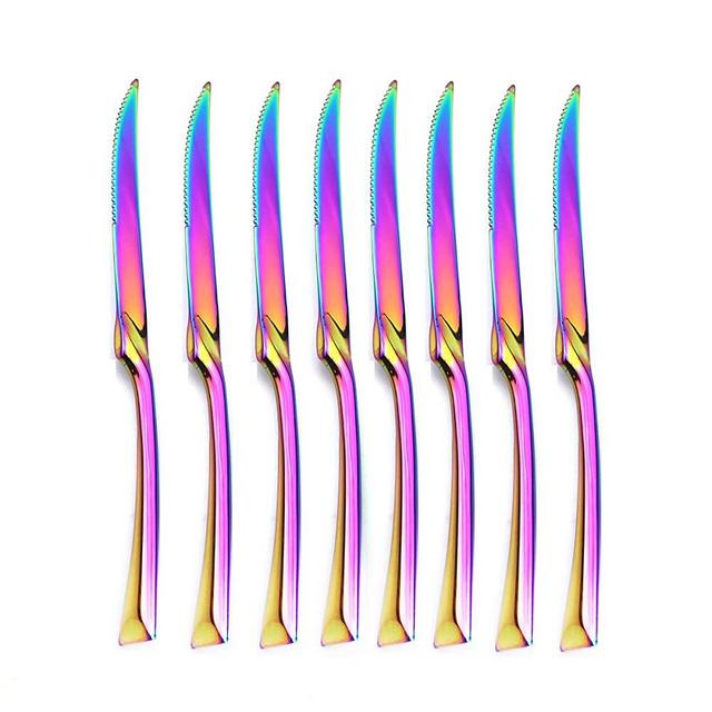 JASHII 18/10 Stainless Steel 8 Piece Mirror Polished Rainbow Serrated Steak Knife Colorful Serving Black Utensil Set
