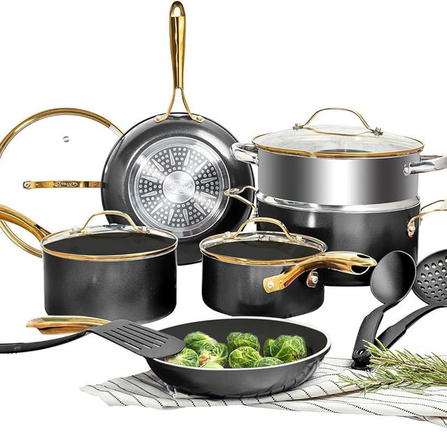 Gotham Steel 15 Pc Ceramic Pots and Pans Set Non Stick, Kitchen Cookware Sets, Pot and Pan Set, Ceramic Cookware Set, Non Toxic Cookware Set, Non Stick Pots and Pan Set, Dishwasher Safe - Black Gold