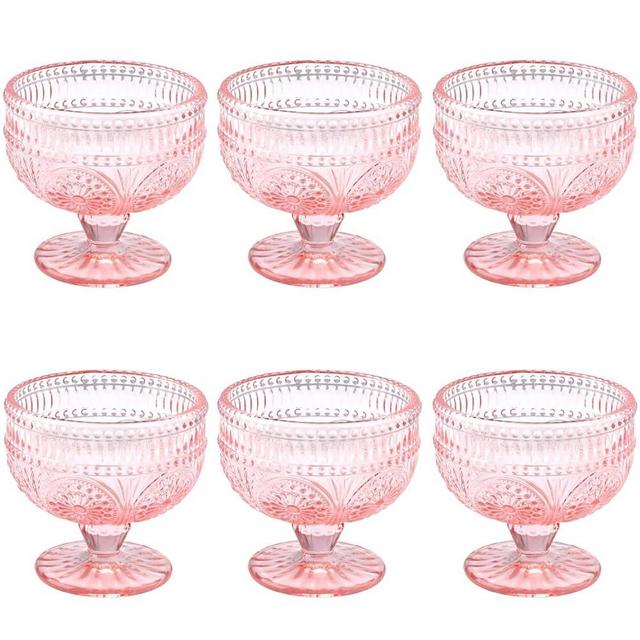 Vintage Glass Dessert Bowls Set of 6-11.5 oz Pink Embossed Glass Ice Cream Bowls for Salad, Candy Cake, Fruit,Trifle,Cocktail