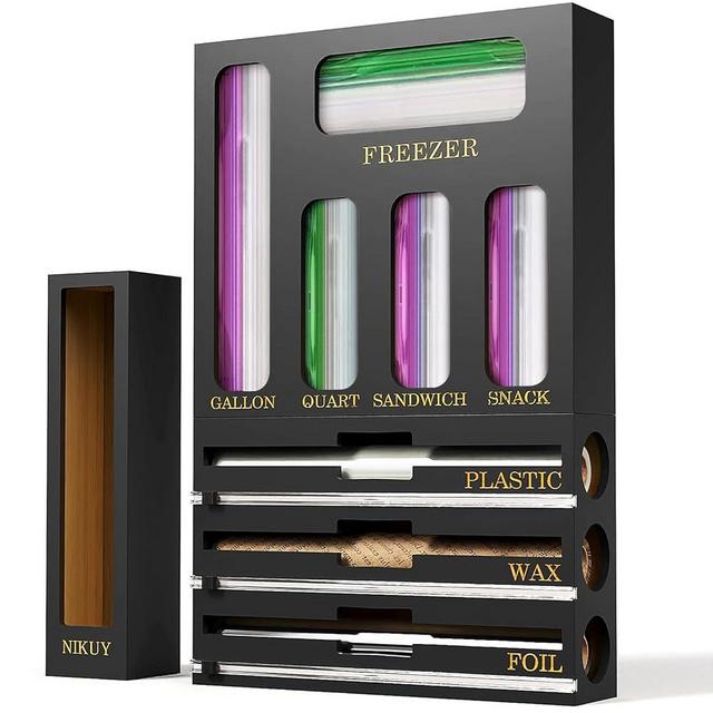 NIKUY 9 IN 1 Bamboo Foil and Plastic Wrap Organizer for Kitchen Drawer, Plastic Bag Organizer Organization and Storage, Food Storage Bag Organizer (BLACK)