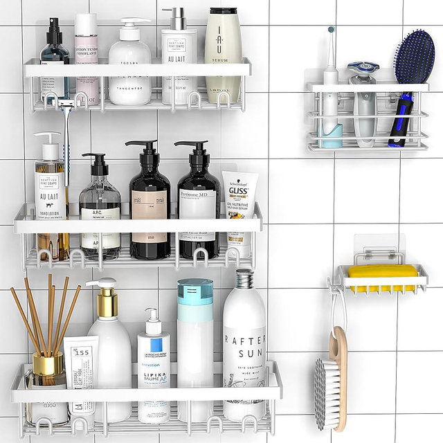 Moforoco White 5 Pack Shower Caddy Shelf Organizers Rack, Self Adhesive Black Bathroom Storage Organization, Home Kitchen No Drilling Inside Decor Rv Accessories, First Apartment Essentials…