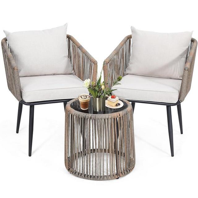 Kromax 3 Pieces Patio Rattan Bistro Conversation Set, Outdoor All-Weather Wicker Furniture Chairs and Side Table Set Ideal for Balcony, Porch and Backyard, Beige