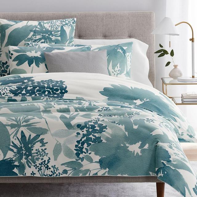 Organic Sateen Garden Corner Duvet Cover, Blue Teal, Full/Queen