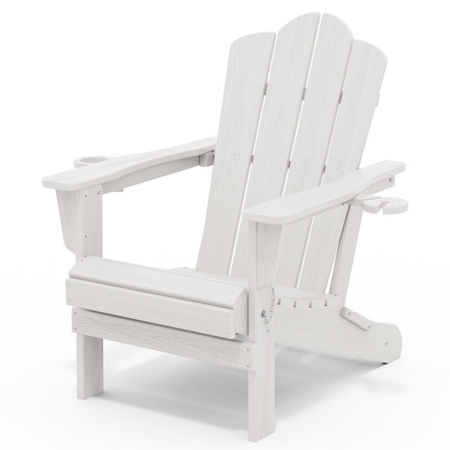 HYLEORY HDPE Folding Adirondack Chair with 2 Cup Holder - Composite Adirondack Chair in White