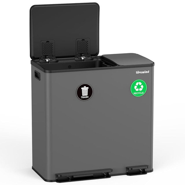 Lovewind Dual Trash Can, 14 + 6 Gallon Garbage Can for Kitchen Dual Compartment Recycling Kitchen Step Trash Bin, Stainless Steel Trash and Recycle Bin Combo with Soft-Close Lid, Grey