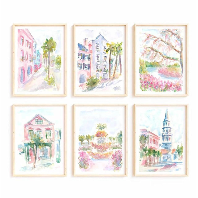 Charleston South Carolina Wall Art Preppy Posters Pictures Pastel Pink Canvas Wall Decor Aesthetic Coquette Posters Wall Art Trendy Watercolor Wall Decor Church Street Pictures 12x16x6 Inch Unframed