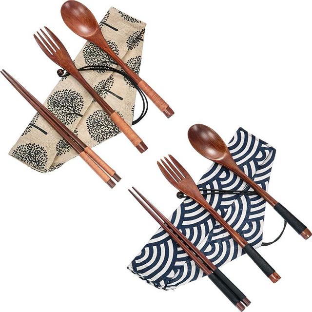 Tatuo 2 Set Wooden Flatware Tableware Cutlery Set Travel Utensils Tied Line Reusable Flatware, Wooden Fork Spoon Chopsticks