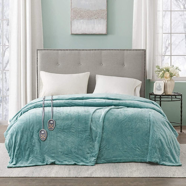 Beautyrest Plush Electric Blanket Throw For Cold Weather Multi-Level Heat Settings Controller, Secure Comfort Low EMF Technology and Auto Shut Off Safety, Queen, Aqua