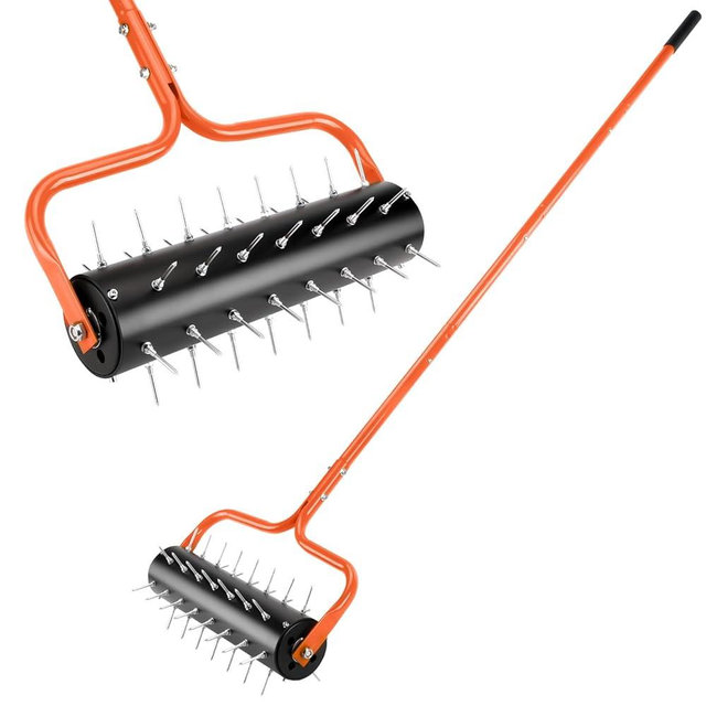 Asunrise 21" Rolling Lawn Aerator, 45 Preassembled Spikes, Only Needs 3-5 Minutes to Assemble, No Looseness, Good Package, 75" Long Handle with Quick Clip Connections, U-Shape Construction - Orange.