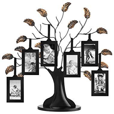 Americanflat Bronze Family Tree Frame with 6 Hanging Picture Frames Each Sized 2"x3" with Adjustable Ribbon Tassels