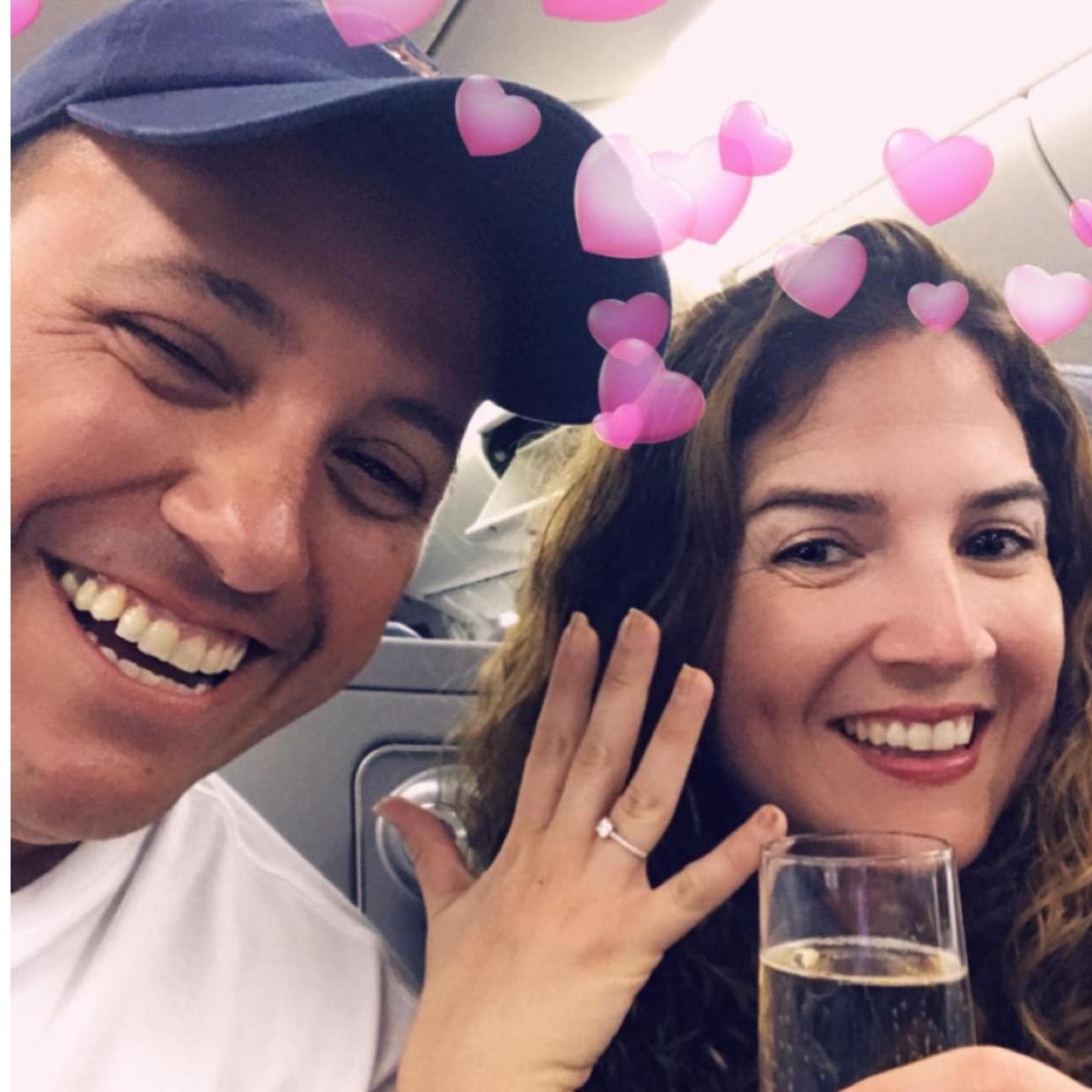 Fly back from Brazil to USA- an engagement ring on Terri's hand!!!! Celebrate our moment back home with a champange. What a wonderful 15 hours flight back home!