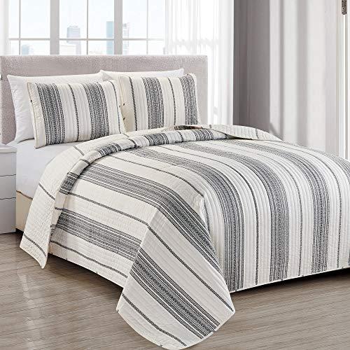Great Bay Home Modern Bedspread Full/Queen Size Quilt with 2 Shams. Modern 3-Piece Reversible All Season Quilt Set. Black and White Quilt Coverlet Bed Set. Wesley Collection.