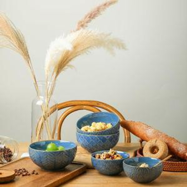 Sureasy Ceramic Ice Cream Bowls, 10oz Embossed Small Bowl, 4.6 inch Stoneware Bowl, Small Serving Bowls Set for Snack, Sauce, Microwave and Dishwasher Safe, Set of 4, Blue
