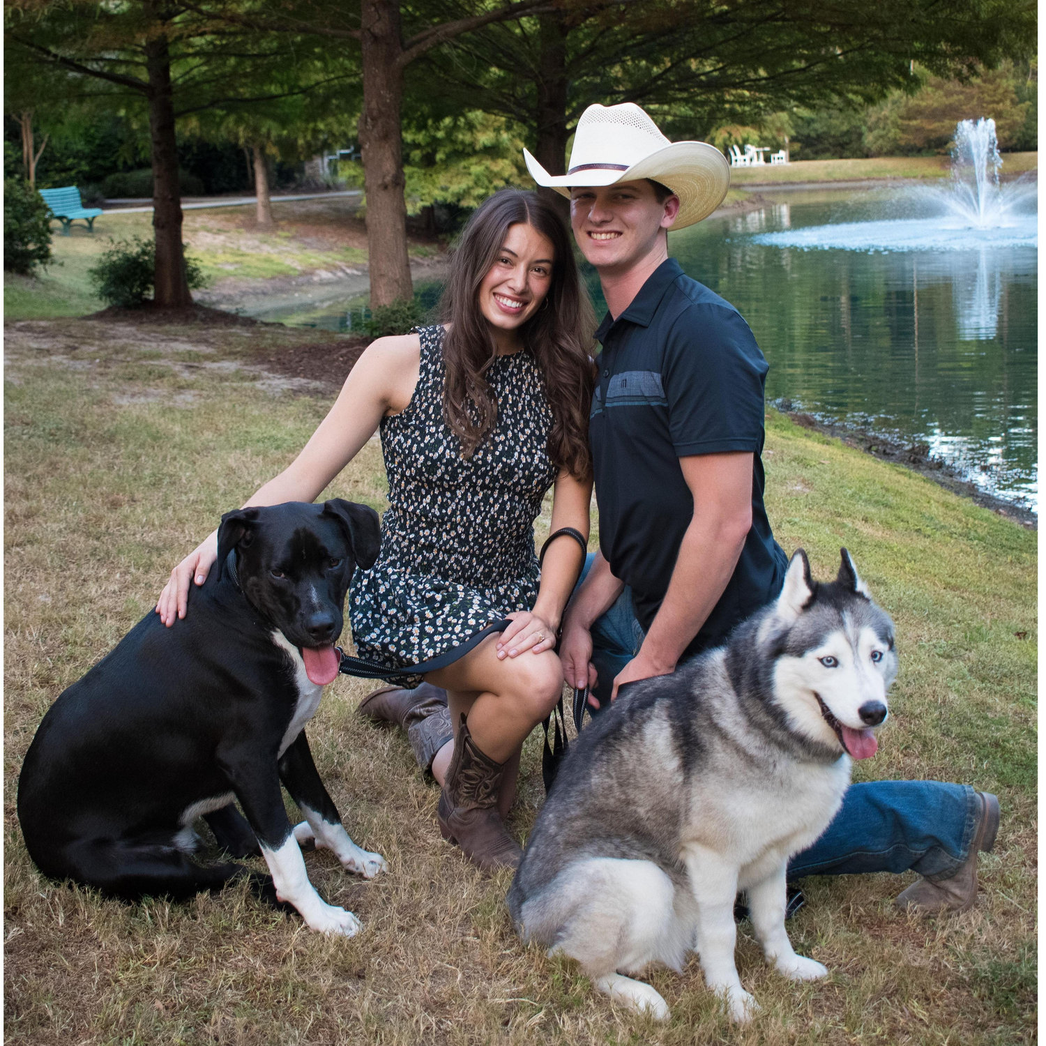 Family photo with our fur babies, Maya (Husky, now 12 yrs) and Sheldon (GSP & Staffy Mix, now 2yrs)