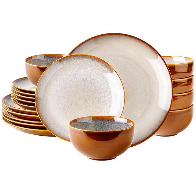 LeRatio Ceramic Dinnerware Sets,18-Piece Plates and Bowls,Handmade Reactive Glaze Dishes Set,Chip Resistant and Scratch Resistant | Oven Dishwasher & Microwave Safe,Service for 6-Kahki