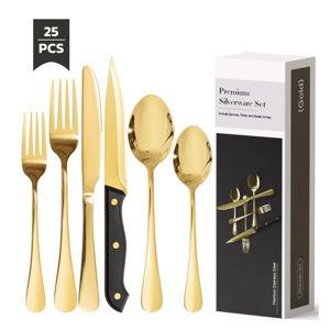 25-Pieces Gold Silverware Set with Steak Knives