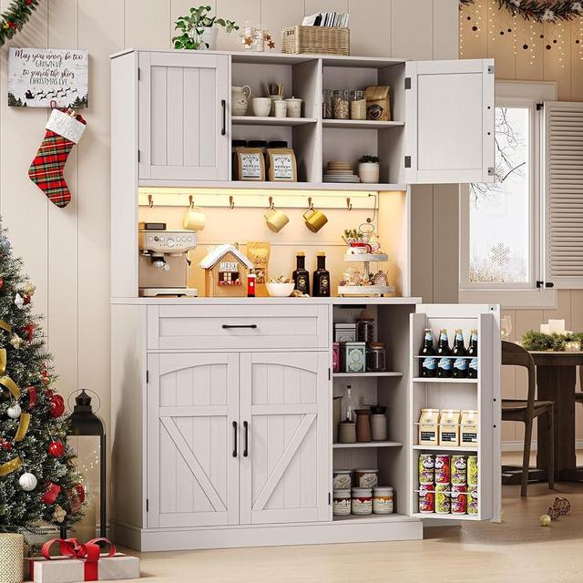 ONBRILL 71" Pantry Cabinet, Kitchen Pantry Storage Cabinet with LED Light & Outlet, Kitchen Hutch with Microwave Shelf & 6 Hooks, Door Shelves & Drawer & Adjustable Shelves, for Kitchen, Dining Room