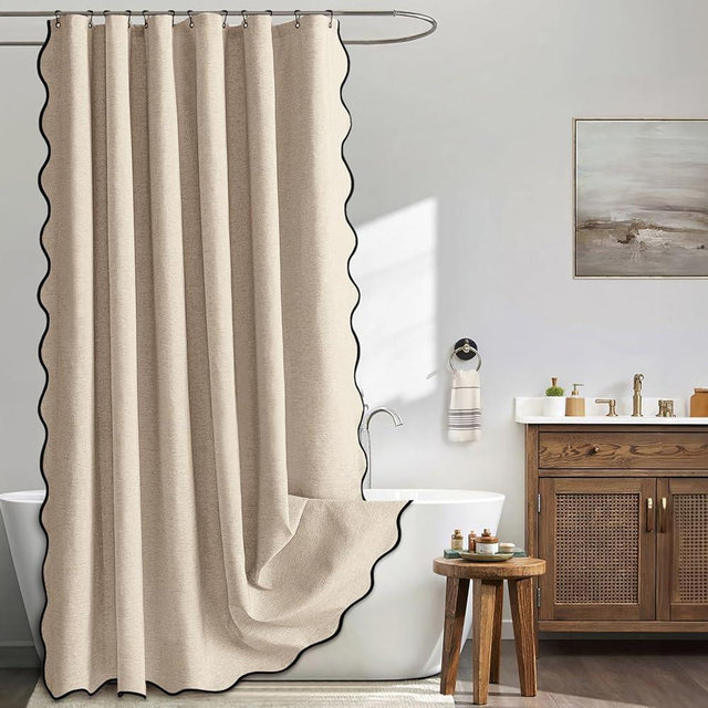 MIULEE Copper Brown Scalloped Shower Curtain Linen Textured with 12 Metal Hooks Cute Heavy Duty Washable Waterproof Thick Cloth Shower Curtains with Black Border for Bathroom Hotel Bathtub,W72*L72