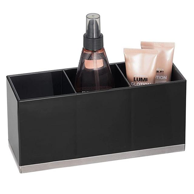 mDesign Plastic Makeup Organizer Caddy Bin with 3 Sections for Bathroom Vanity Countertops or Cabinet: Stores Makeup Brushes, Eye and Lip Pencils, Lipstick, Lip Gloss, Concealers - Black/Brushed