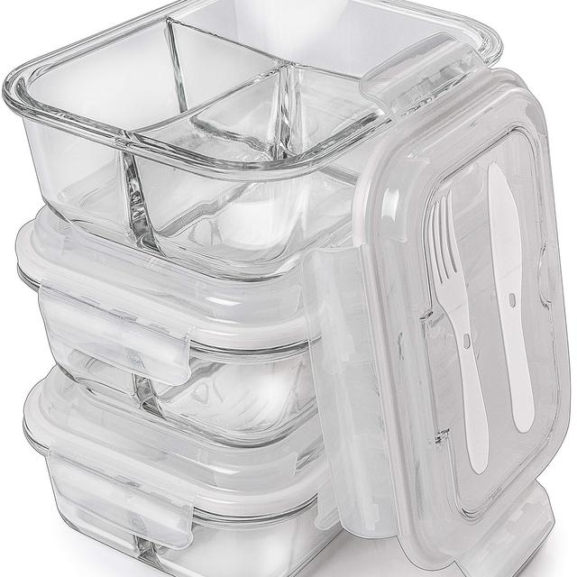 [3-Pack] Glass Meal Prep Containers 3 Compartment - Food Storage Container Set with Airtight Locking Lids with Cutlery Compartment - Portion Control - Microwave, Freezer, Oven & Dishwasher Safe