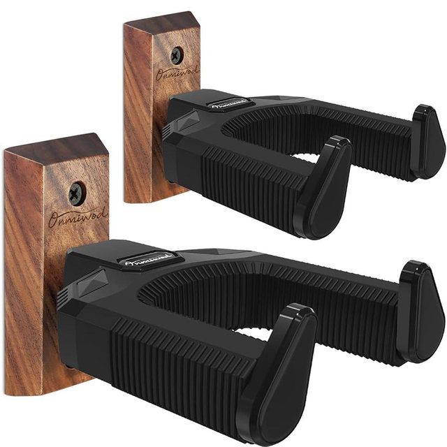 Guitar Wall Mount 2 Pack, Auto Lock Black Walnut Wood Guitar Hanger, Guitar Wall Hangers, Guitar Holder Hook Wall Stand for Classical, Acoustic, Electric Guitar, Banjo, Bass, Gift for Guitar Player