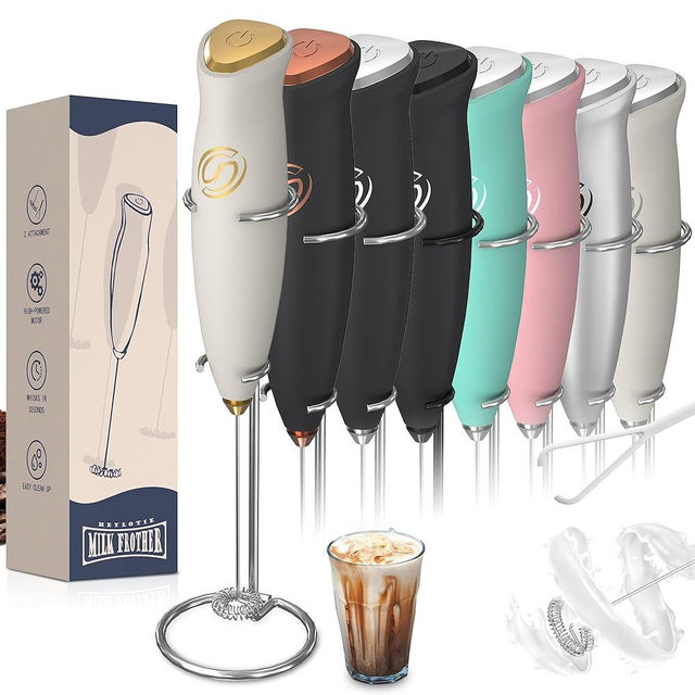 HeyLotie Milk Frother With Stand Handheld Frother Wand Drink Mixer Handheld Coffee Stirrers Electric Frother for Coffee Mixer Wand with 2 Whisk frother for protein powder-White/Gold
