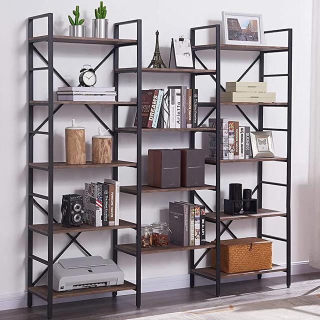 SUPERJARE Triple Wide 5-Tier Bookshelf, Rustic Industrial Style Book Shelf, Wood and Metal Bookcase Furniture for Home & Office - Vintage Brown