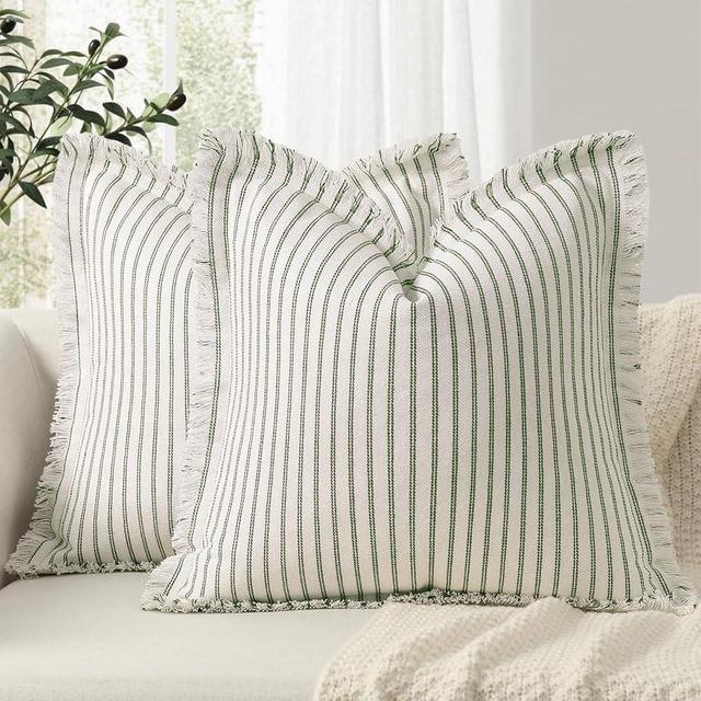 ZWJD Throw Pillow Covers 18x18 Set of 2 Striped Pillow Covers with Fringe Chic Cotton Decorative Pillows Square Cushion Covers for Sofa Couch Bed Living Room Farmhouse Decor (Olive Green)