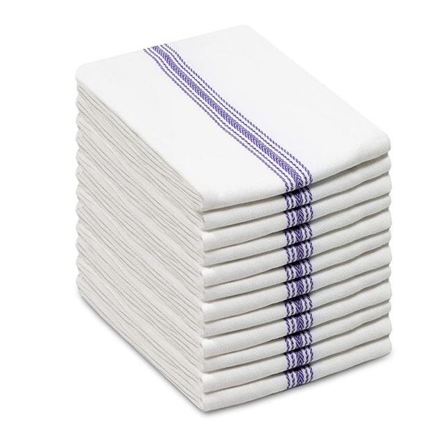 COTTON CRAFT Scandia Stripe Set of 12 Pure Cotton Multipurpose Low Lint Kitchen Towels, White and Blue