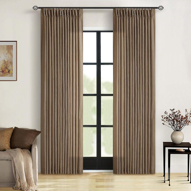 Brown Pinch Pleated Linen Curtains 84 Inches Long 2 Panels Set for Living Room Dining Pinch Pleat Back Tab Light Filtering Boho Farmhouse Bedroom Window Curtain Drapes 84 Inch Length Dutch Cocoa