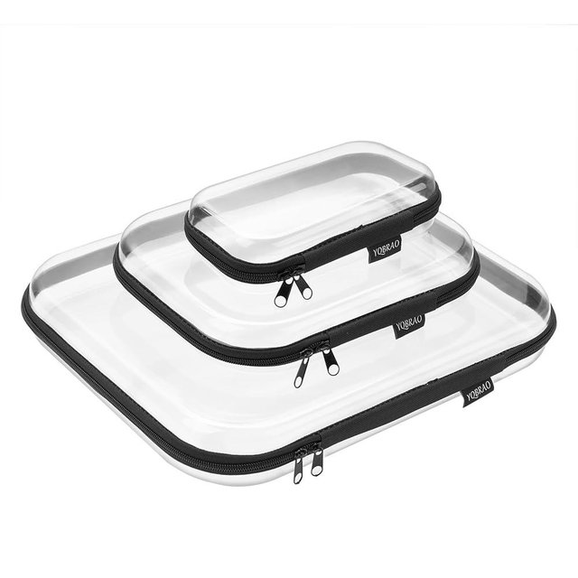 YQBRAO Hard Sided Clear Zipper Case for Storage- Professional-Grade Plastic Clear Zipper Pencil Case,Toy Storage Bins, Toiletry Pouch, Travel Organizer, Cosmetic Bag（Black,3 Pack, LMS）