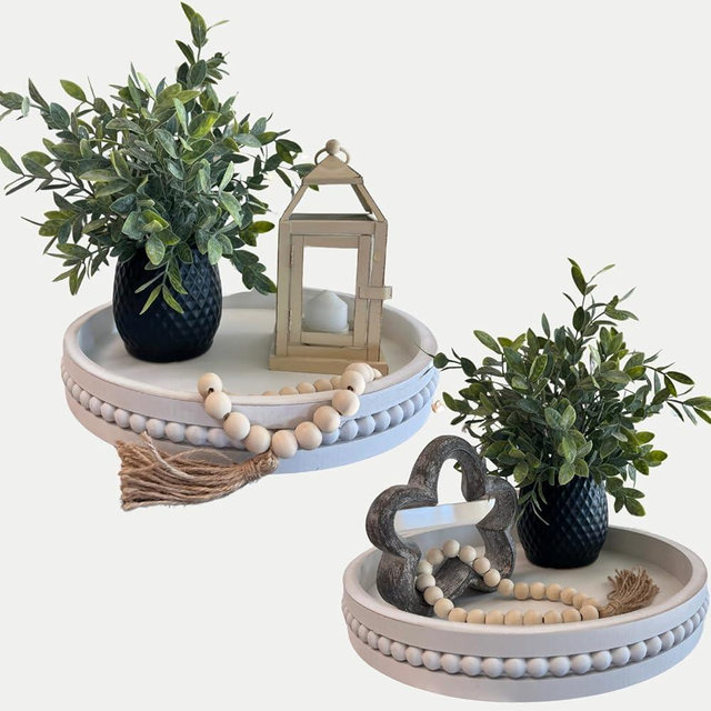 Tasse Verre White Beaded Decorative Tray Set (2-Pack) - 11.5 inch & 13 Inch - Round Rustic Decor Wooden Serving, Distressed Farmhouse Design Centerpiece for Coffee Table, Ottoman, Kitchen & Home