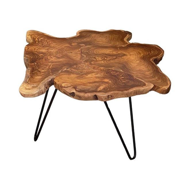 East at Main 31.5" Live Edge Teak Wood Coffee Table – Handcrafted Puzzle-Joined Round Tabletop in Natural Finish for Rustic & Modern Decor