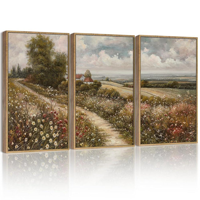 SHENIFY Vintage Landscape Framed Wall Art Rustic Countryside Wildflower Field Farmhouse Decor Retro Meadow with Flowers Painting for Kitchen Living Room Bedroom Bathroom - 11x14in3pcs Natural Framed