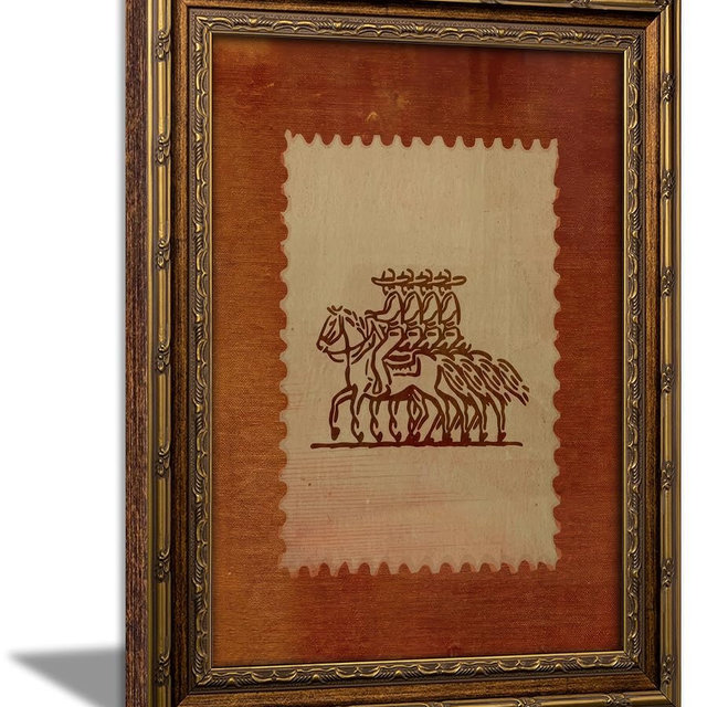 Vintage Gold Framed Western Cowboy Wall Art, Retro Stamp Style Riding Horse Canvas Print, Rustic Western Ranch Picture Wall Decor, Cowboy Horse Artwork for Living Room Bedroom