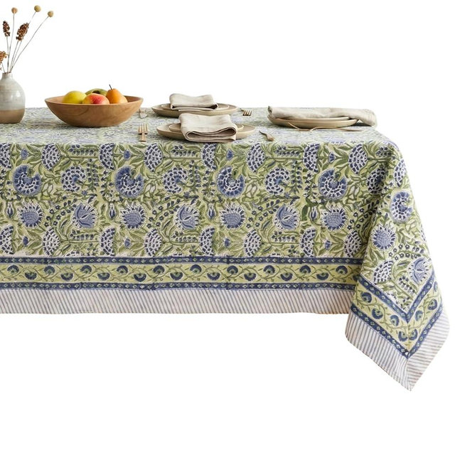 ATOSII Amara Green 100% Cotton Rectangle Fall Tablecloth, Handblock Floral Print Linen Table Cloth for Kitchen Dining I Parties, Weddings, Outdoors, Easter I Home Decor 60 X 90 Inches I 6 Seater