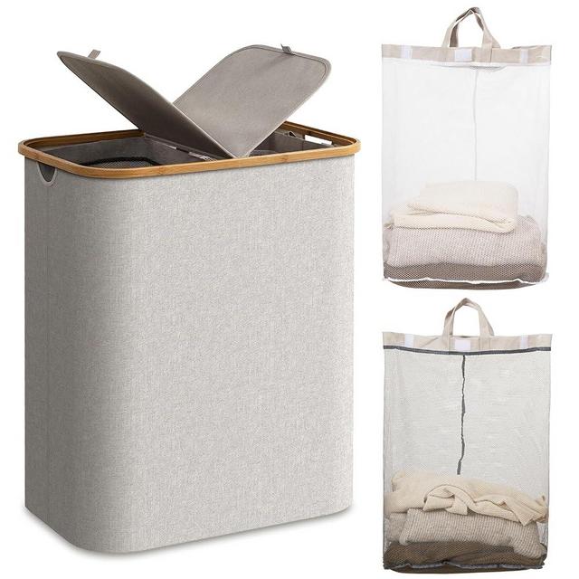 Famyards Double Laundry Hamper with Lid,145L Large Laundry Basket with Bamboo Handles and Removable Inner Bag, 2 Section Dirty Clothes Hamper Laundry Bin for Bathroom, Bedroom,Laundry Room(Light Grey)
