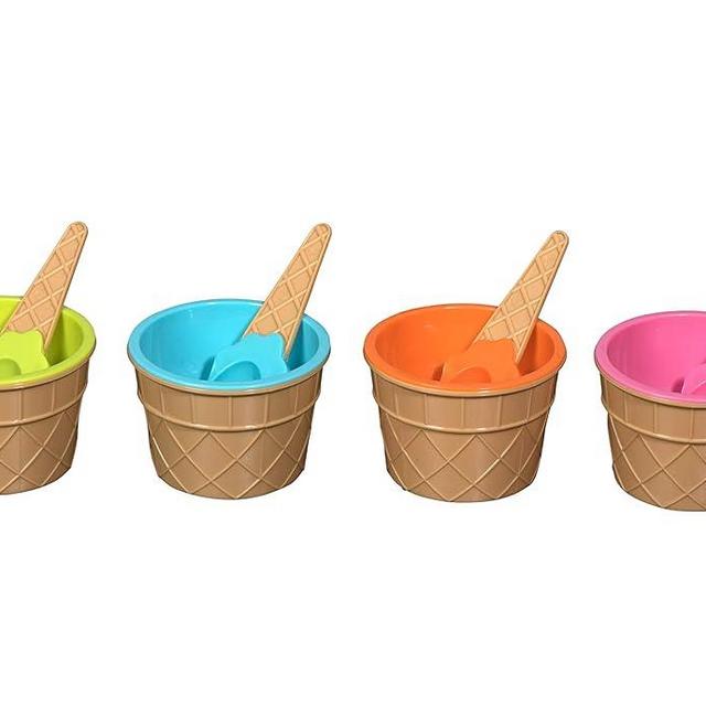 Hammont Ice Cream Bowls and Spoons - Reusable Dessert Bowls and Spoons Set, Durable Plastic Bowls for Party Favor | 4 Bowls and 4 Matching Spoons (Orange, Pink, Light Green, Sky Blue)
